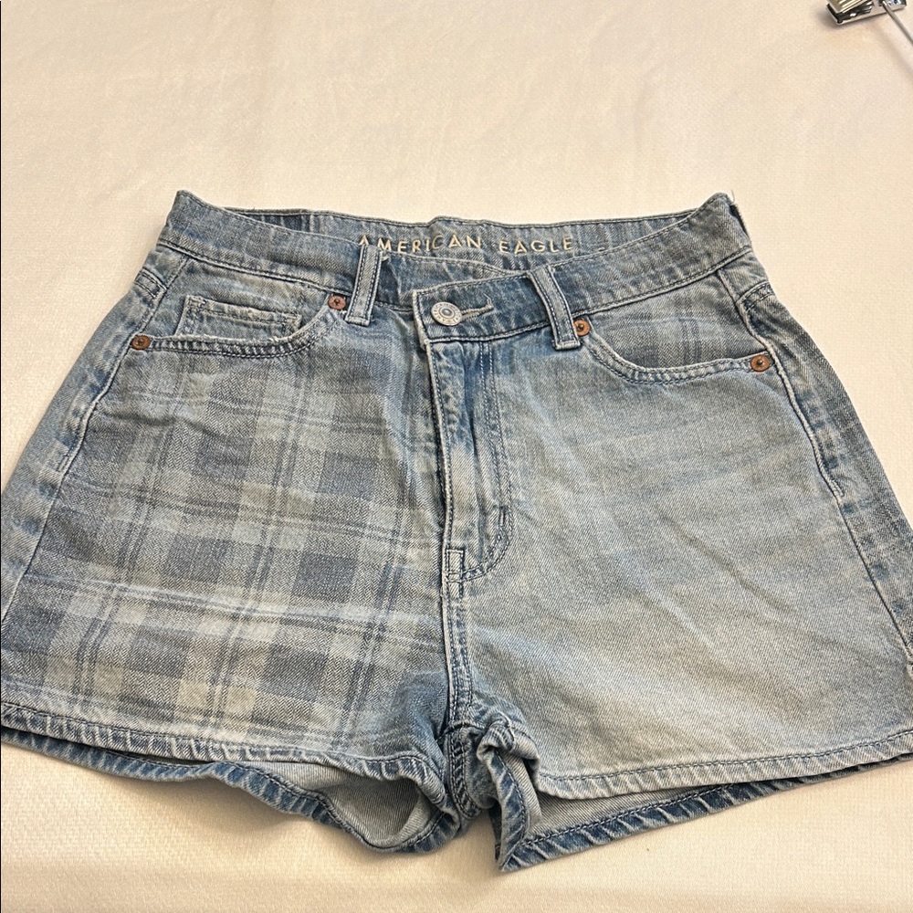 American Eagle Outfitters Light Blue Plaid Jean Shorts